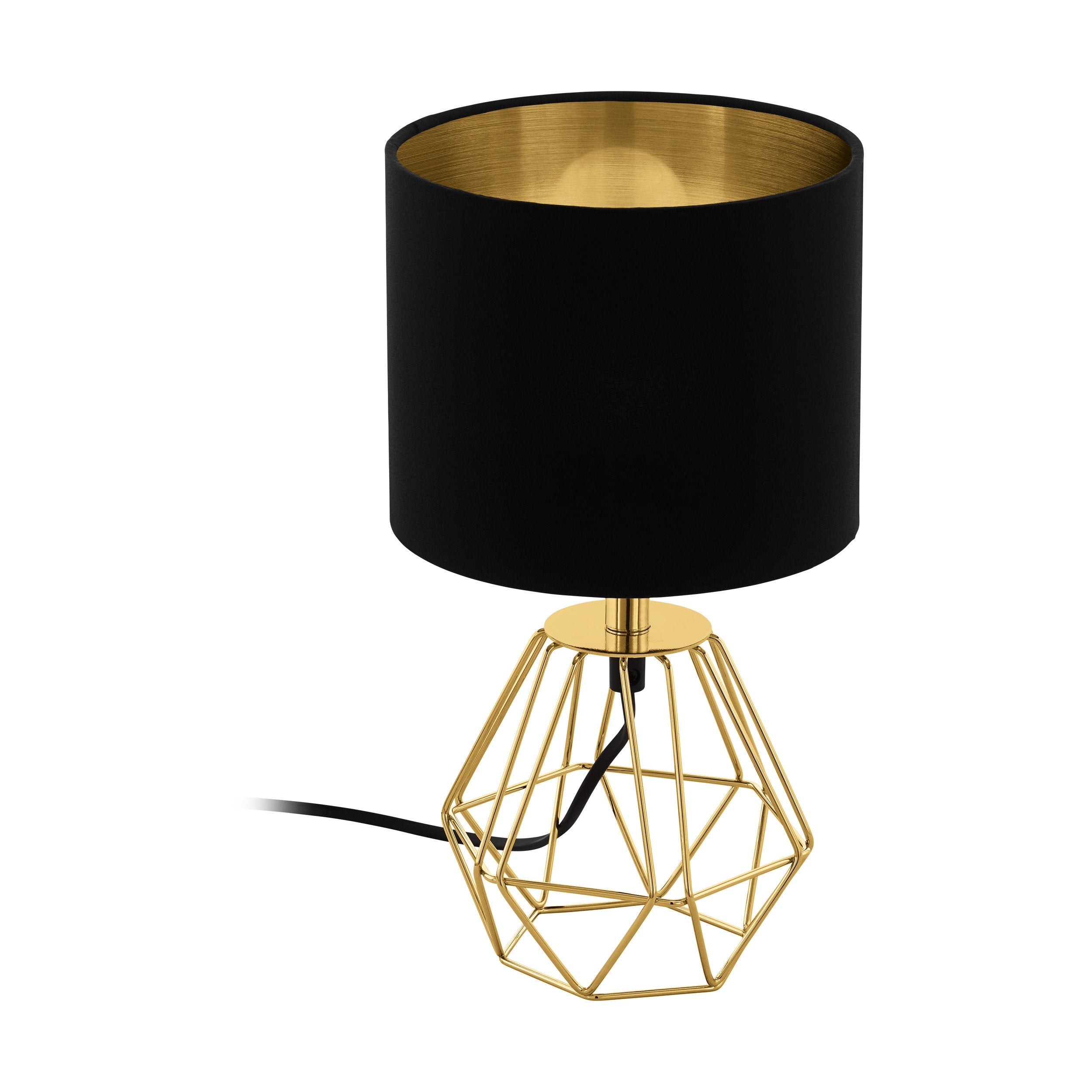 Eglo lampada da tavolo Carlton 2, lampada da tavolo vintage a uno punto luce, lampada da comodino in acciaio e tessuto, oro, nero, presa E14, interrut