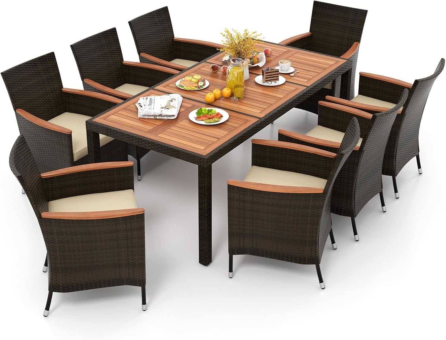 Conjunto de 1 mesa e 8 cadeiras empilháveis, com orifício para guarda-sol, conjunto de móveis de jardim em rattan com braços largos, - 8