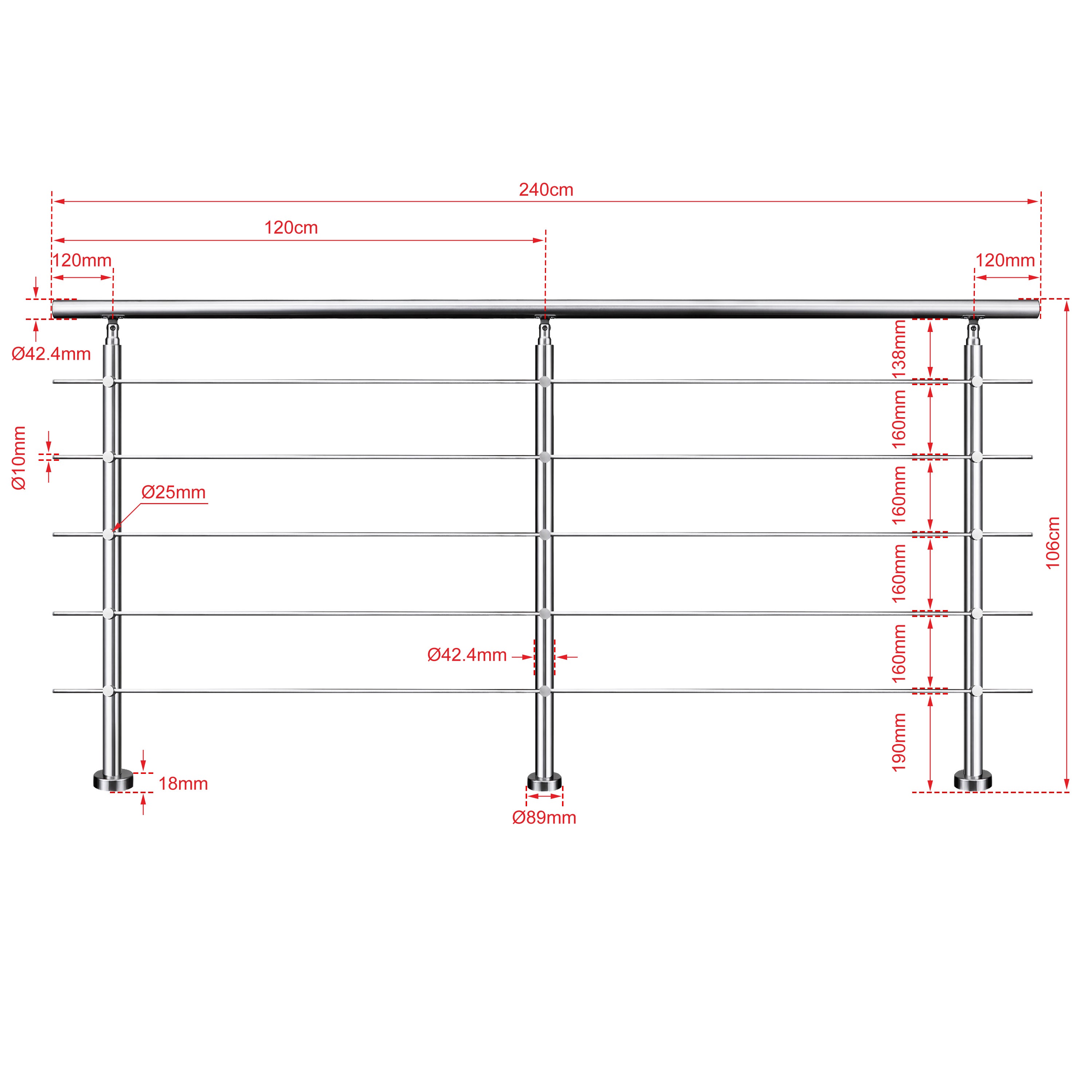 Kit garde-corps inox201 240cm (5 traverses + main courante) pour balcons/terrasses. Usage intérieur/extérieur, résiste aux intempéries - 3
