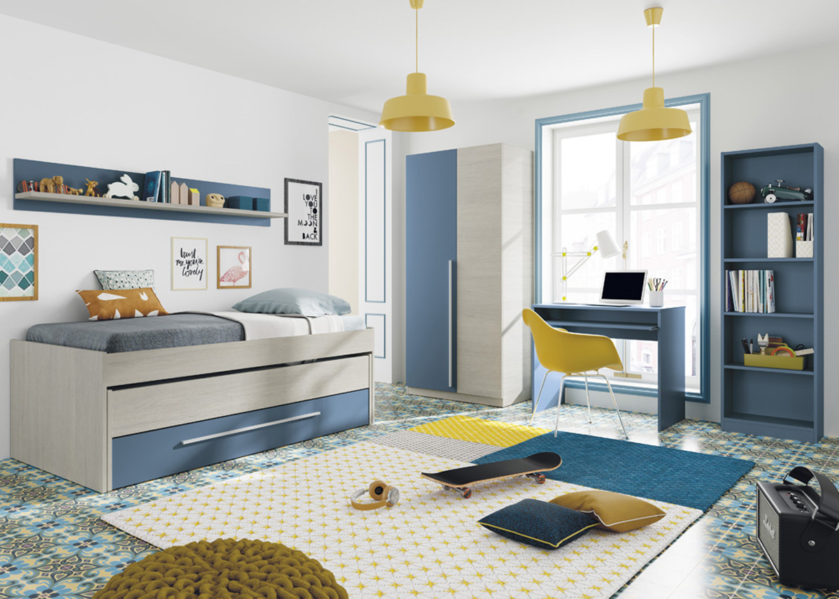 Armoire avec 2 portes coloris Blanc Alpes / bleu en mélamine - Dim : 200 x 90 x 52 cm - 4