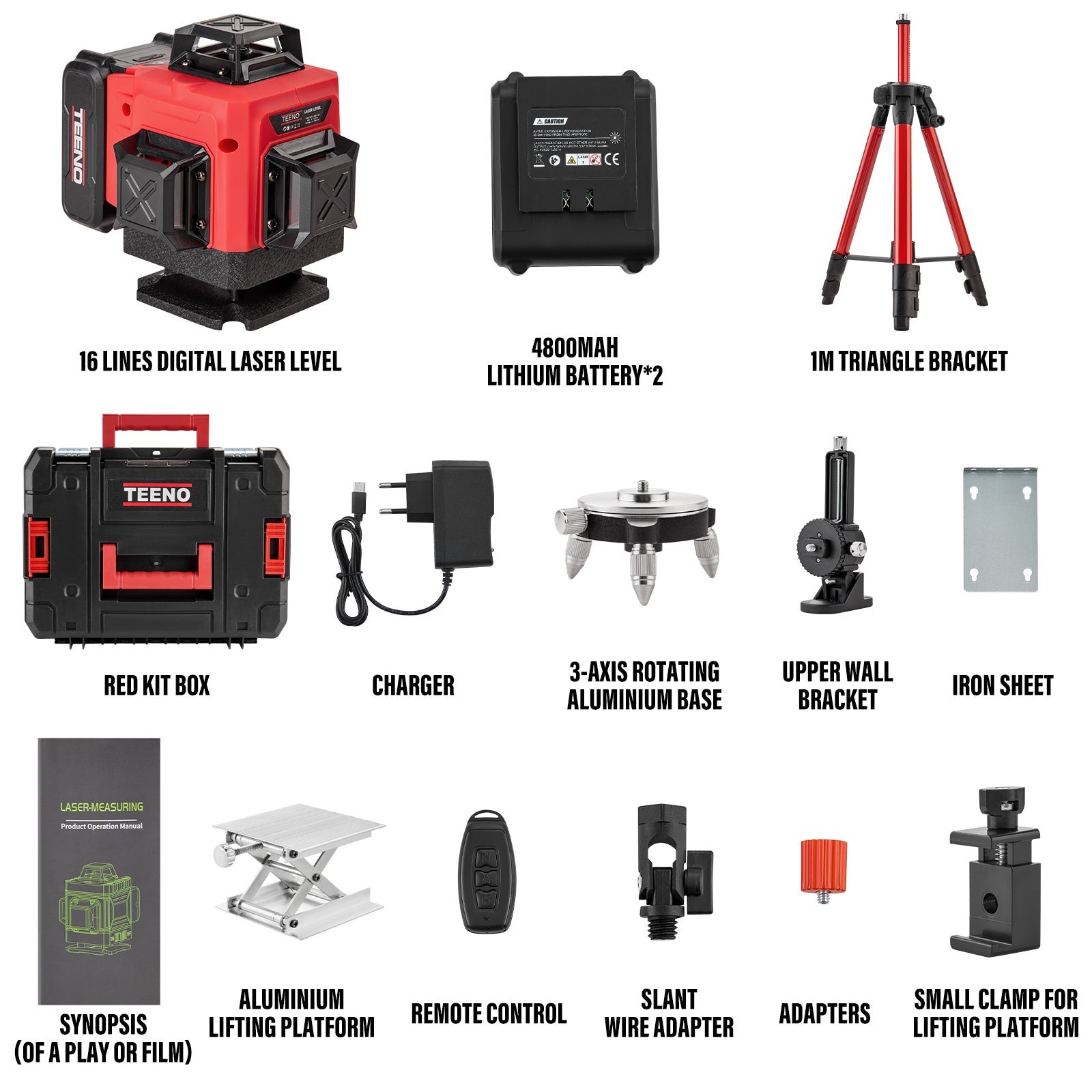 TEENO Niveau laser 4 x 360° vert 4D 16 lignes, batterie rechargeable 4800 mAh x 2 avec télécommande et trépied, affichage digital LCD, base magnétique - 2