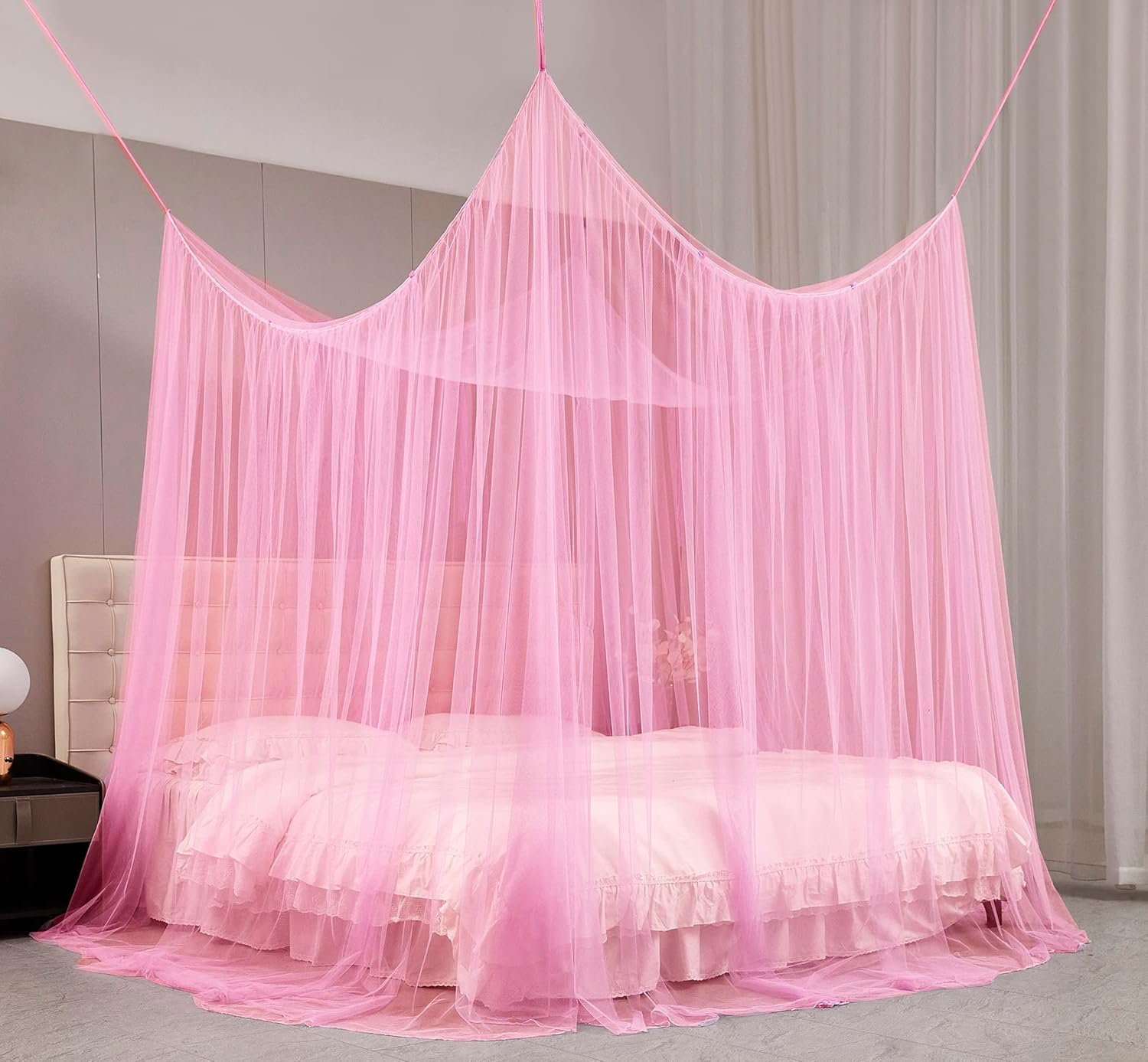 Elegancka moskitiera na łóżko podwójne lub typu king size, idealna do użytku wewnątrz i na zewnątrz (190 x 210 x 240 cm, różowa)