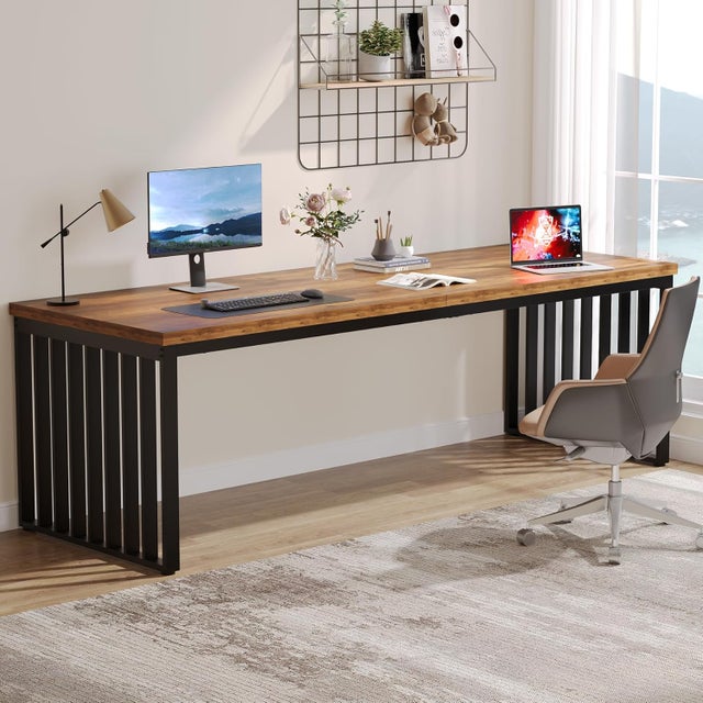 Tribesigns Mesa de computador, 180*60*76CM, com estrutura metálica robusta, secretária de escritório Mesa de conferência (castanho)
