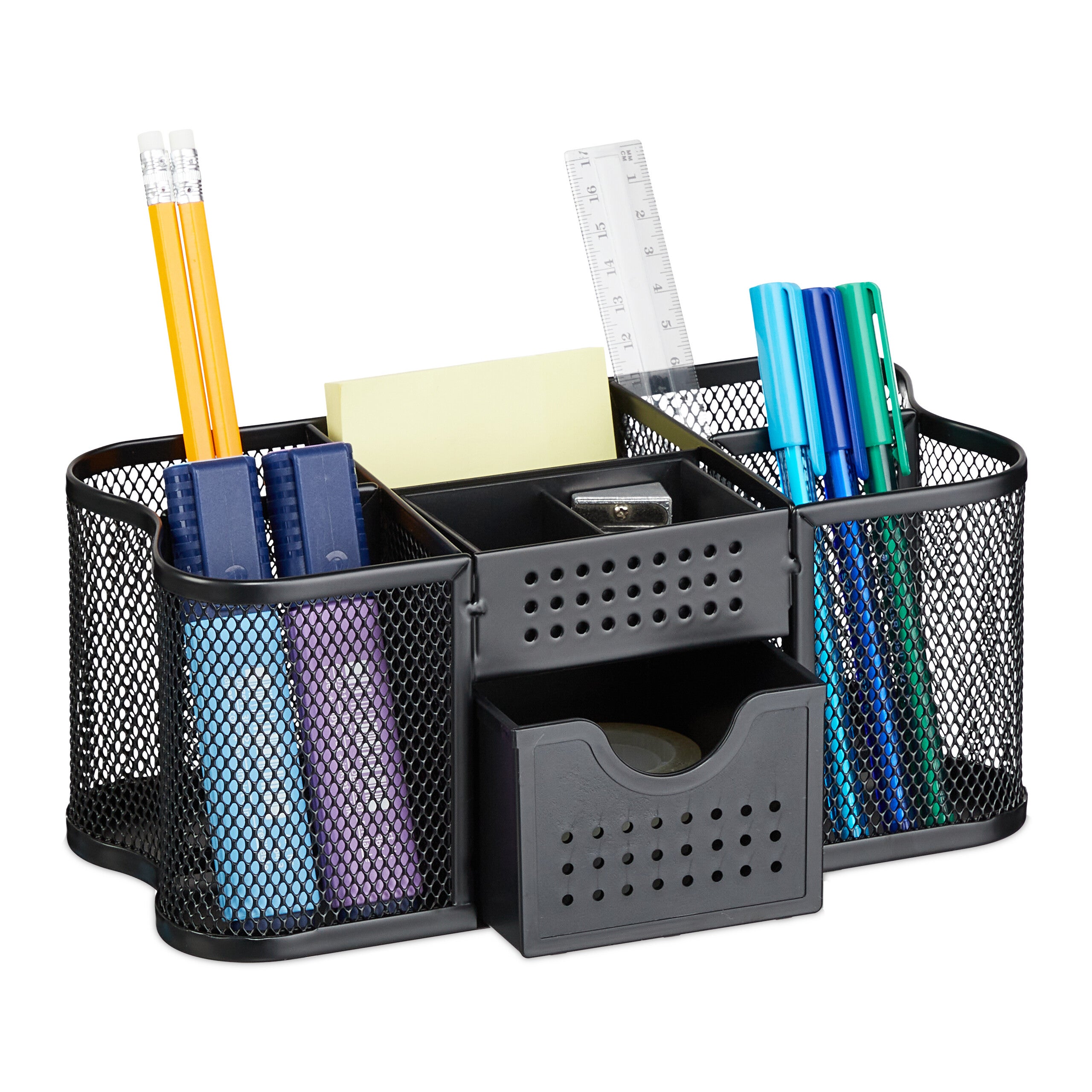 Relaxdays organizador de escritorio, portabolígrafos y cajón, rejilla metálica, 10 x 23,5 x 11,5 cm, negro