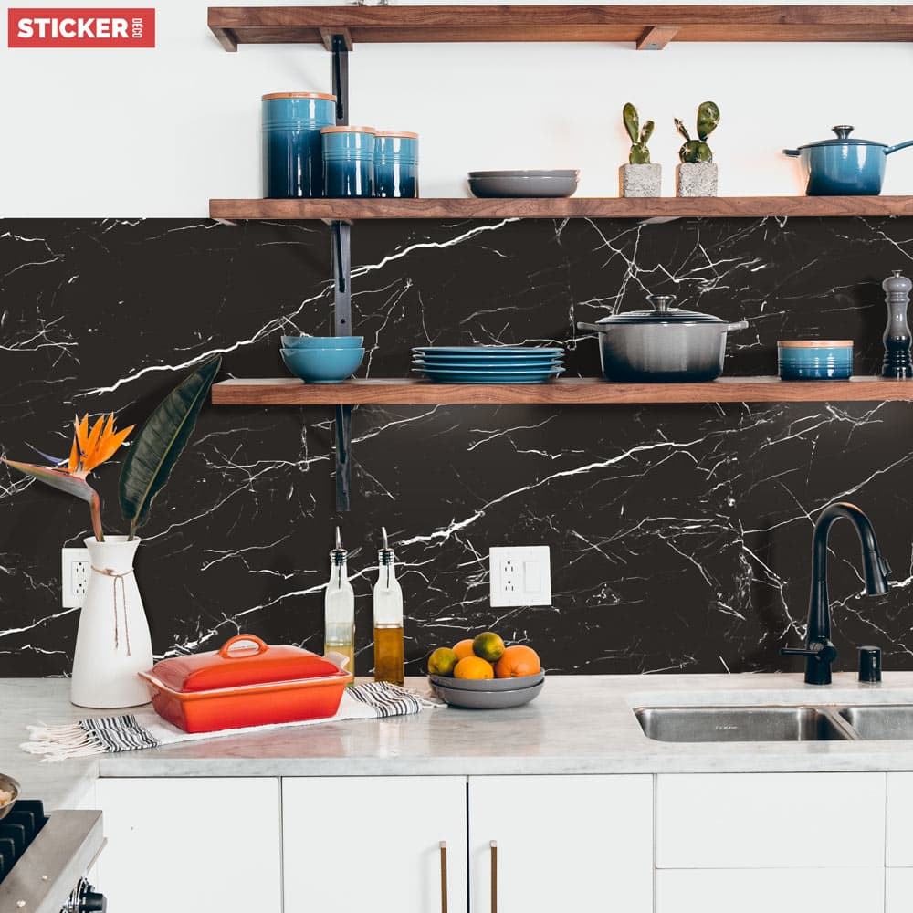 Salpicadero de cocina adhesivo mármol negro eléctrico - 200 x 60 cm