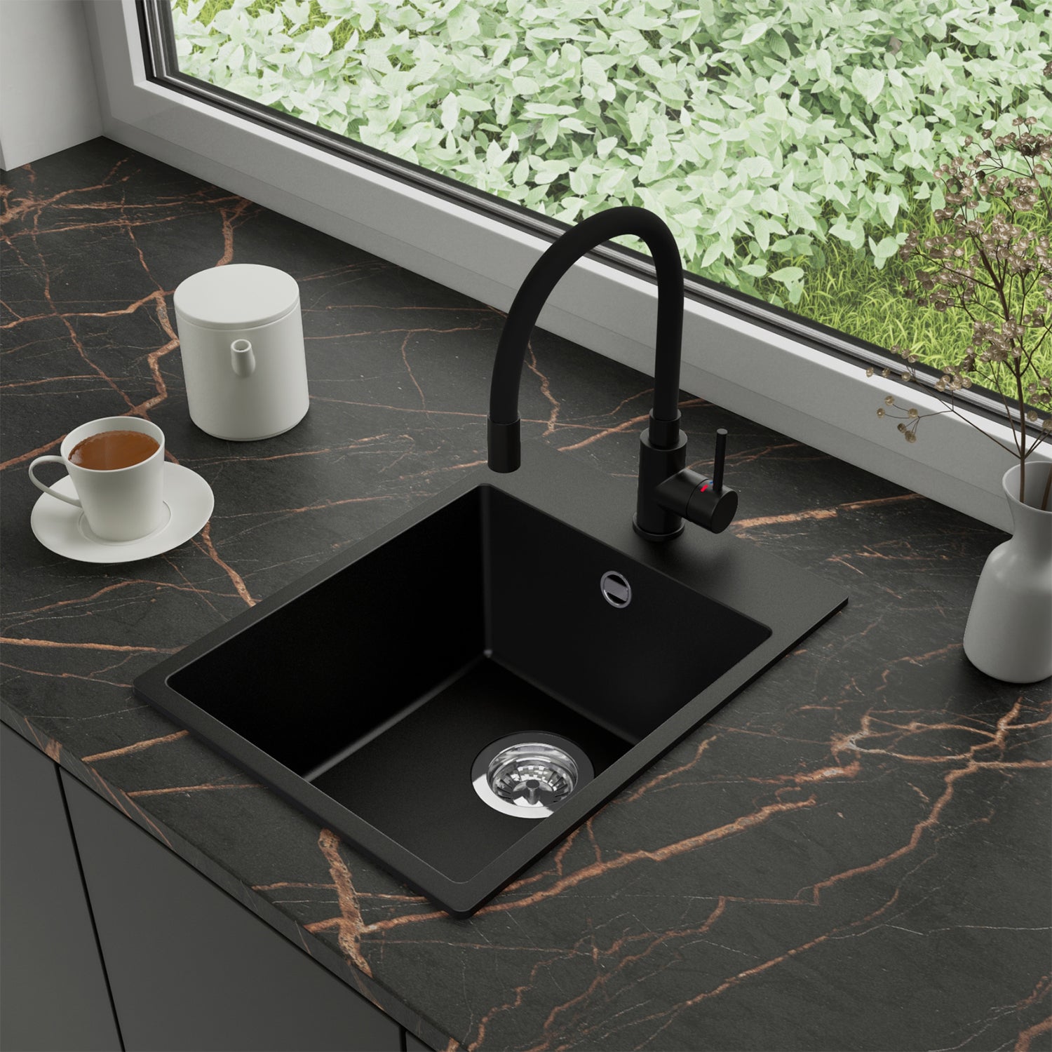 Zlewozmywak Granitowy 38x50cm, do szafki od 40cm + Bateria + Syfon - Amber Czarny STONESTYLE