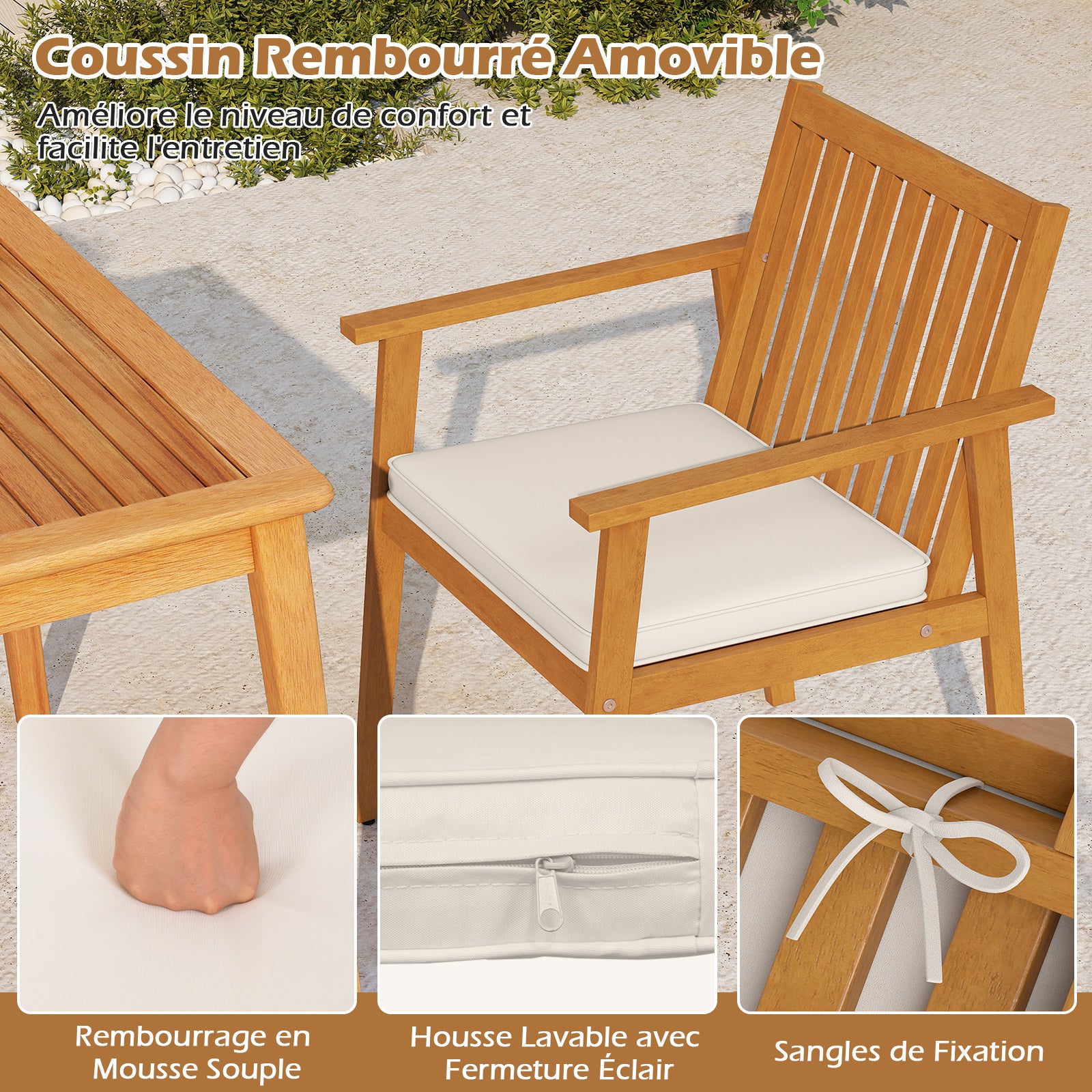 2 Chaises de Jardin, Chaises d'Extérieur en Bois d'Acacia avec Coussin Rembourré Amovible, Accoudoirs, Charge 180 kg, Mobilier de Bistrot, Naturel - 3