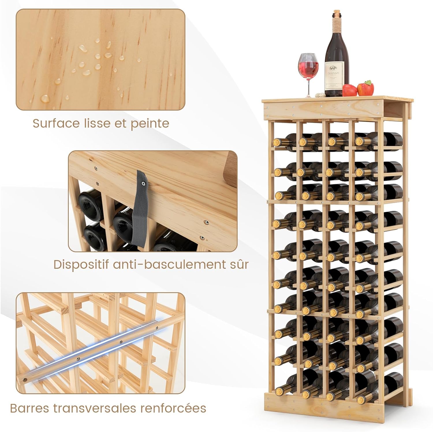 Portabottiglie di Vino, Scaffale per 40 Bottiglie di Vino in Legno di Pino, Cantinetta Porta Vino, 113 x 47 x 28 cm (Senza Traversa) - 3