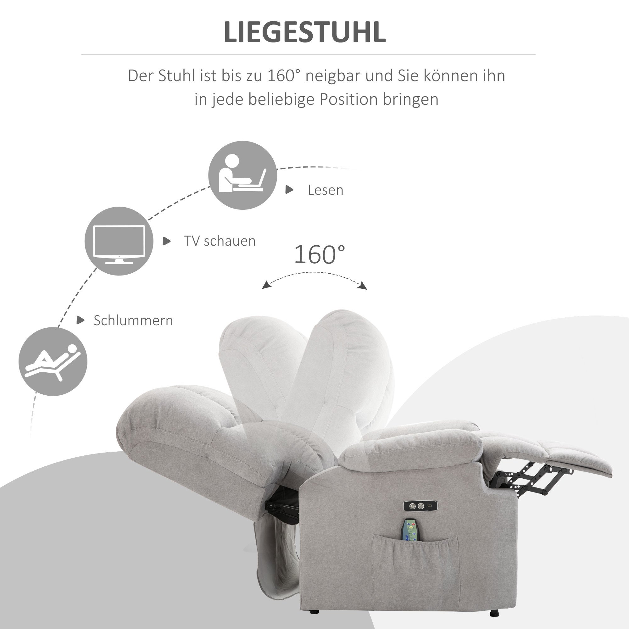 Fauteuil avec assistance relevage, fauteuil de massage, fauteuil inclinable avec port USB TV avec télécommande et poche latérale fauteuil TV - 6