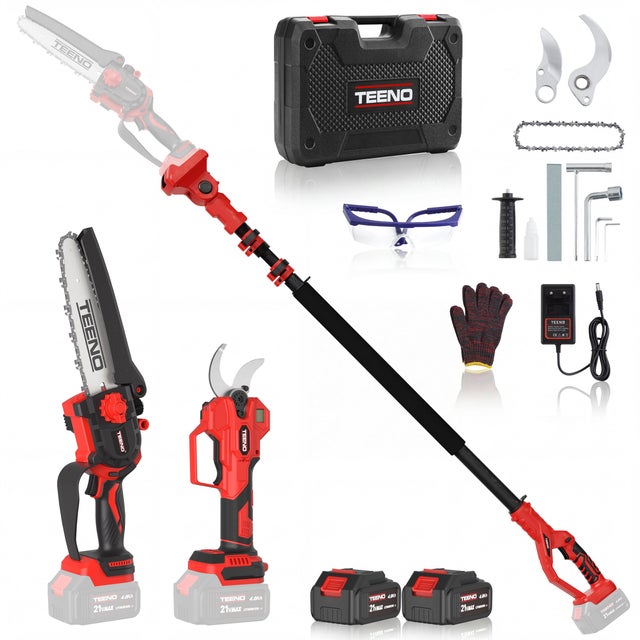 TEENO Ensemble de jardinage 4 en 1 : sécateur électrique 0-40 mm + mini tronçonneuse sans fil 6 pouces + perche télescopique 160-280 cm,2X4,0 Ah