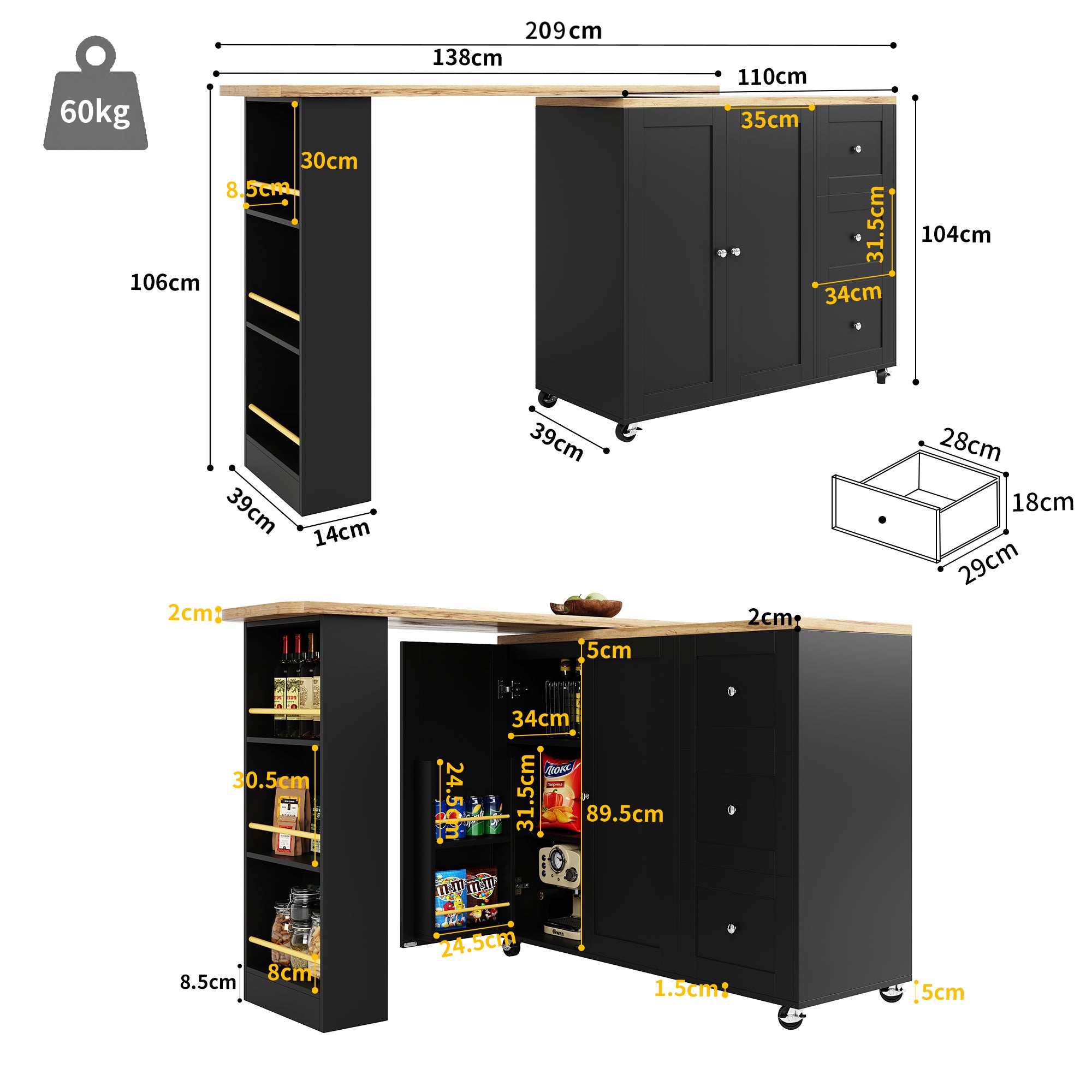Móvel bar giratório - 2 portas, 2 gavetas e prateleiras de arrumação - 138/209 x 39 x 104 cm - Madeira MDF e vidro - Preto + natural - 6