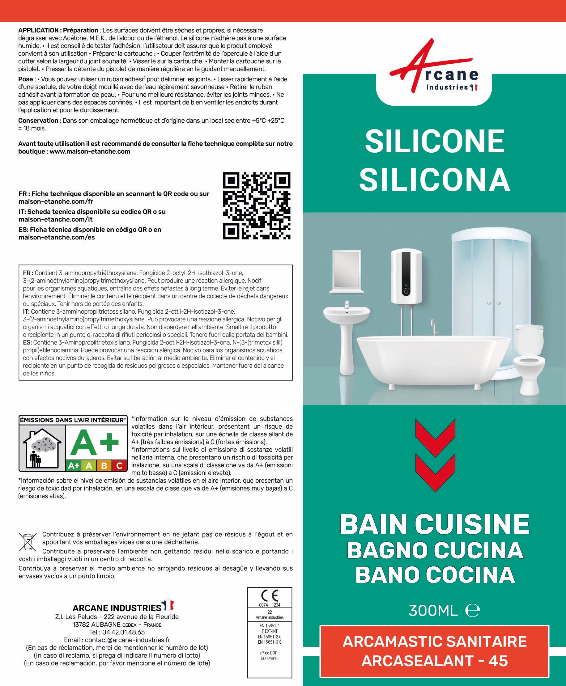Mastic Silicone pour joints étanchéité douche, salle de bain, cuisine - ARCAMASTIC SANITAIRE Transparent - 300 ml x 1 - ARCANE INDUSTRIES - 7