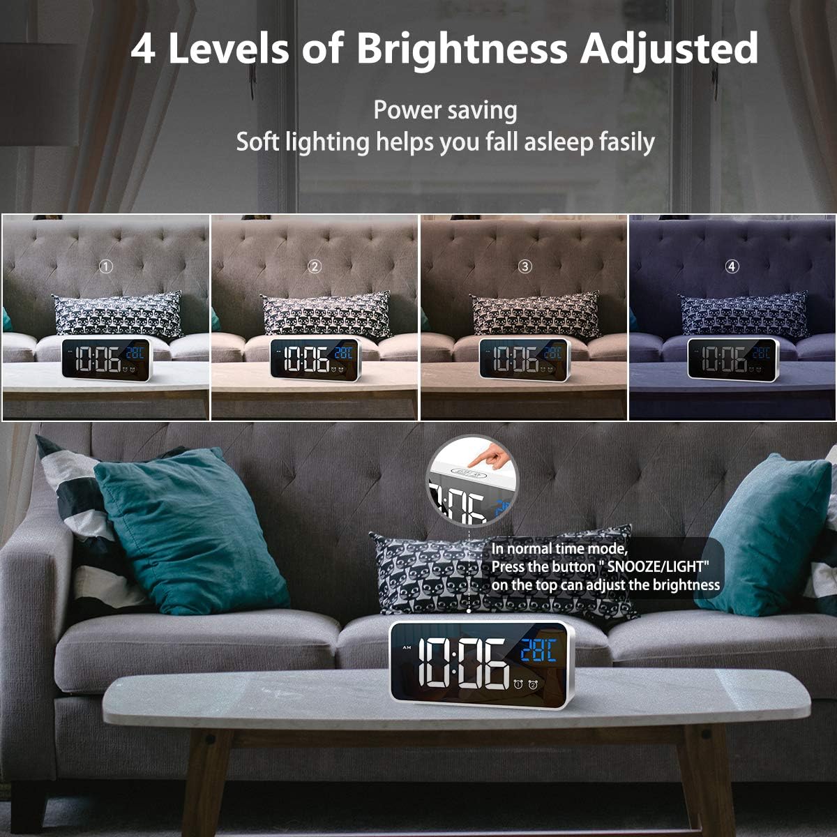 Réveil numérique, réveil LED avec fonction snooze, chargement USB (argent) - 5