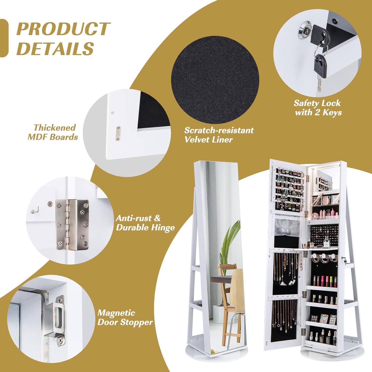 Armadietto per Gioielli Girevole a 360°, con Specchio a Figura Intera Luce a LED a 3 Colori, Specchio Interno per il Trucco con Serratura, 54,5x 54,5 - 4