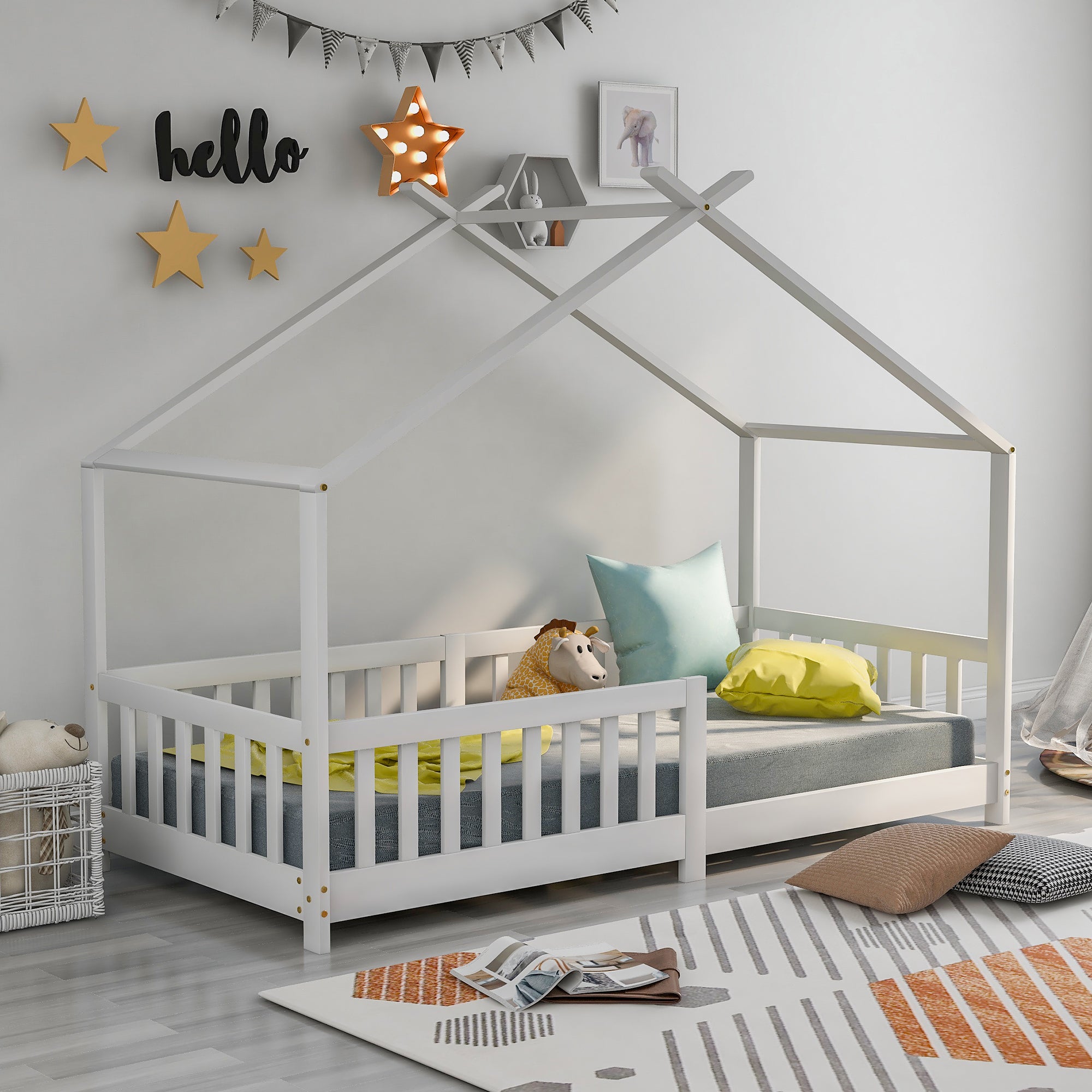 Lit cabane enfant 90x200 cm en bois avec clôture et sommier à lattes, pour chambre d'enfant et d'adolescent, blanc, sans matelas - 3