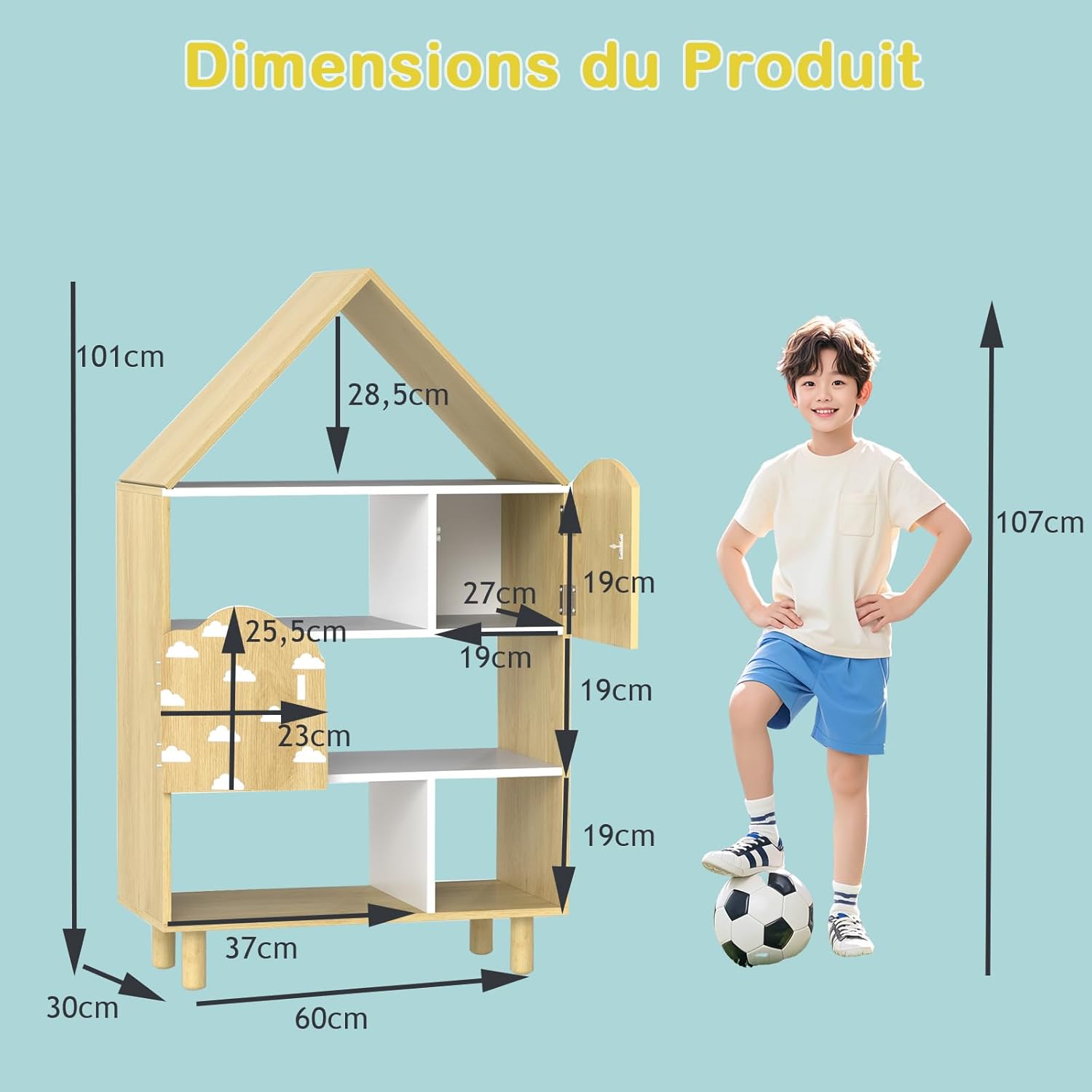 Bibliothèque pour Enfants, Étagère en Forme de Maison avec 2 Portes, Système Anti-basculement & Pieds en Bois Massif, pour Chambre d'Enfants, Naturel - 2
