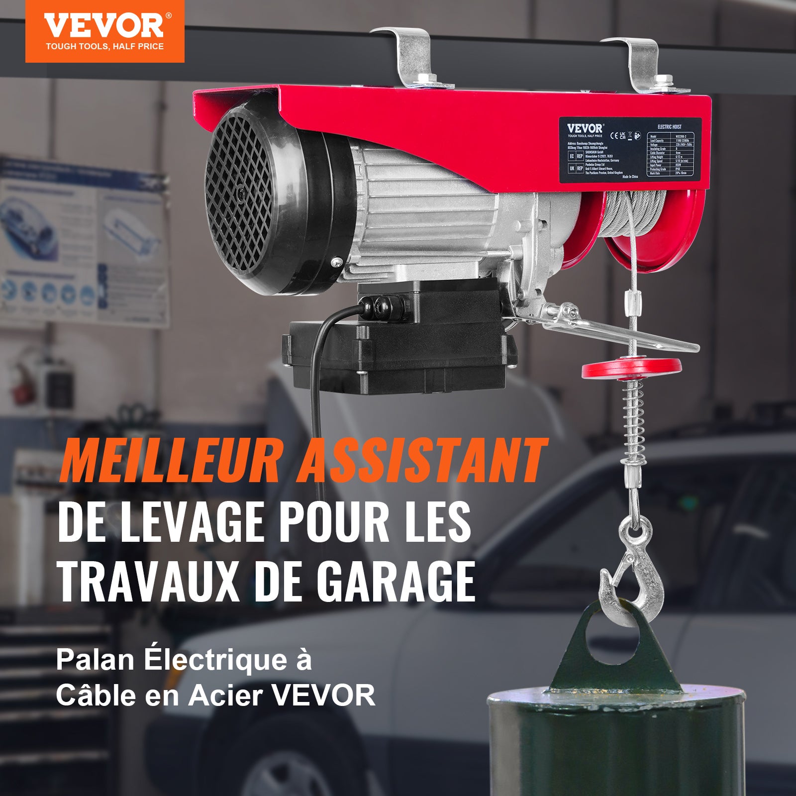 Treuil-Palan Électrique VEVOR 1000 kg 1600 W, Télécommande Sans Fil, 10 m/min, Câble 12 m, Moteur Cuivre Pur pour Garages, Entrepôts, Usines - 2