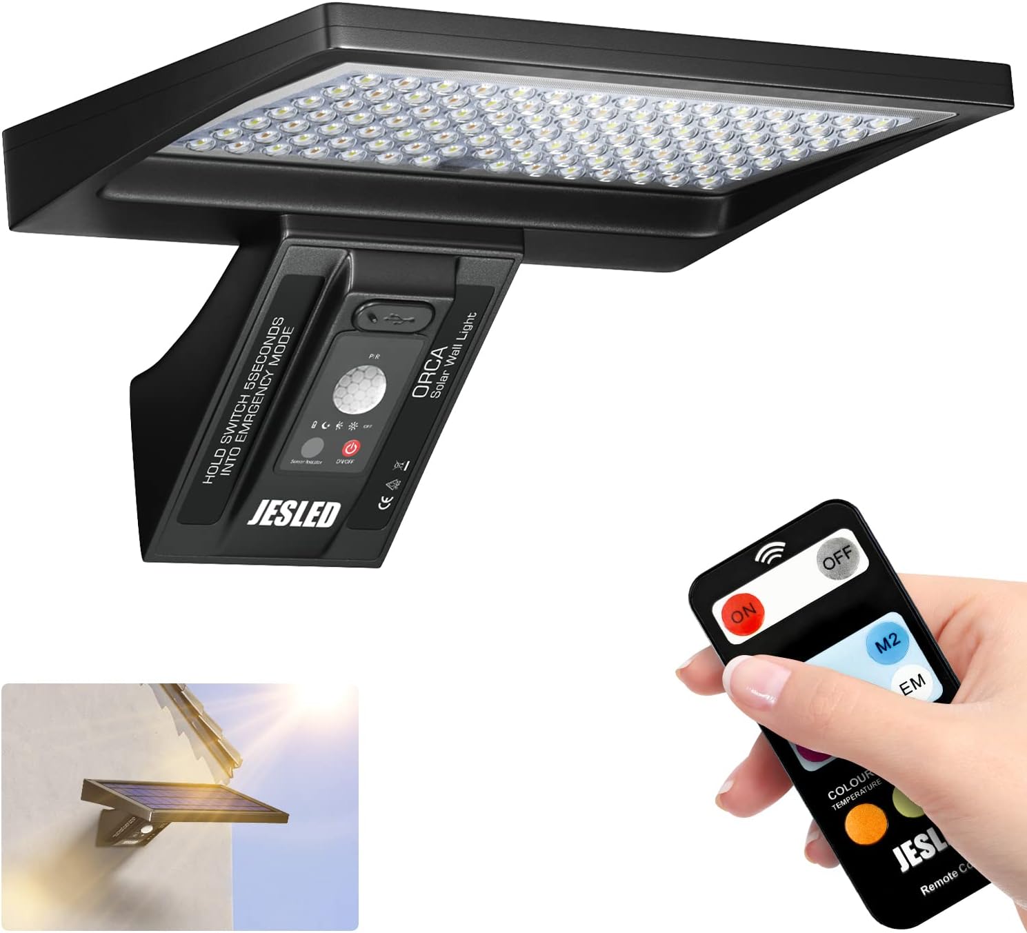 Solarna lampa bezpieczeństwa, 104 LED, czujnik ruchu, pilot zdalnego sterowania, wodoszczelność IP65, 3 temperatury barwowe, 4 tryby