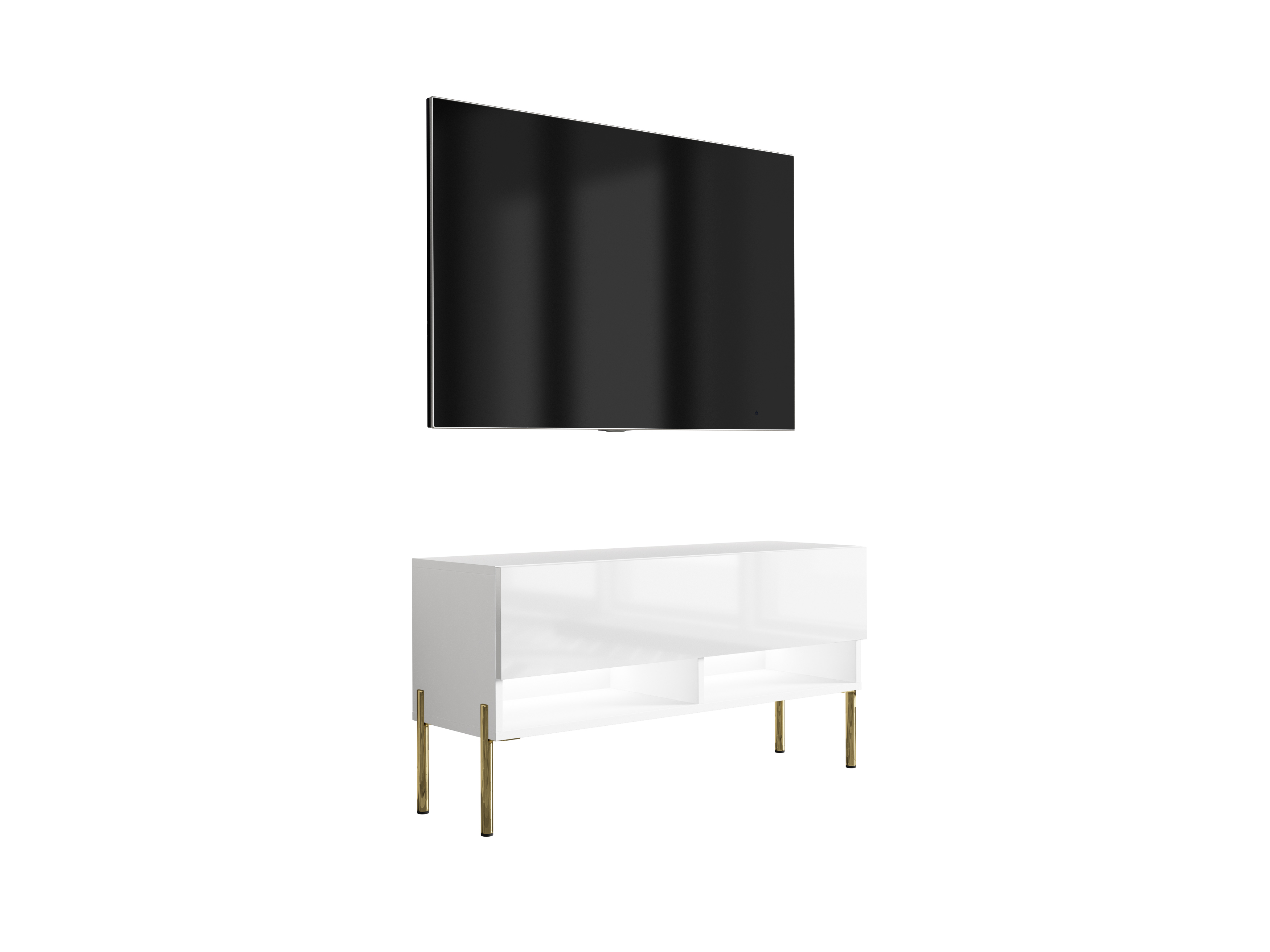 Szafka RTV : Biały Mat / Biały Połysk, nóżki proste złote, LED biały, 100 × 32 × 52 cm