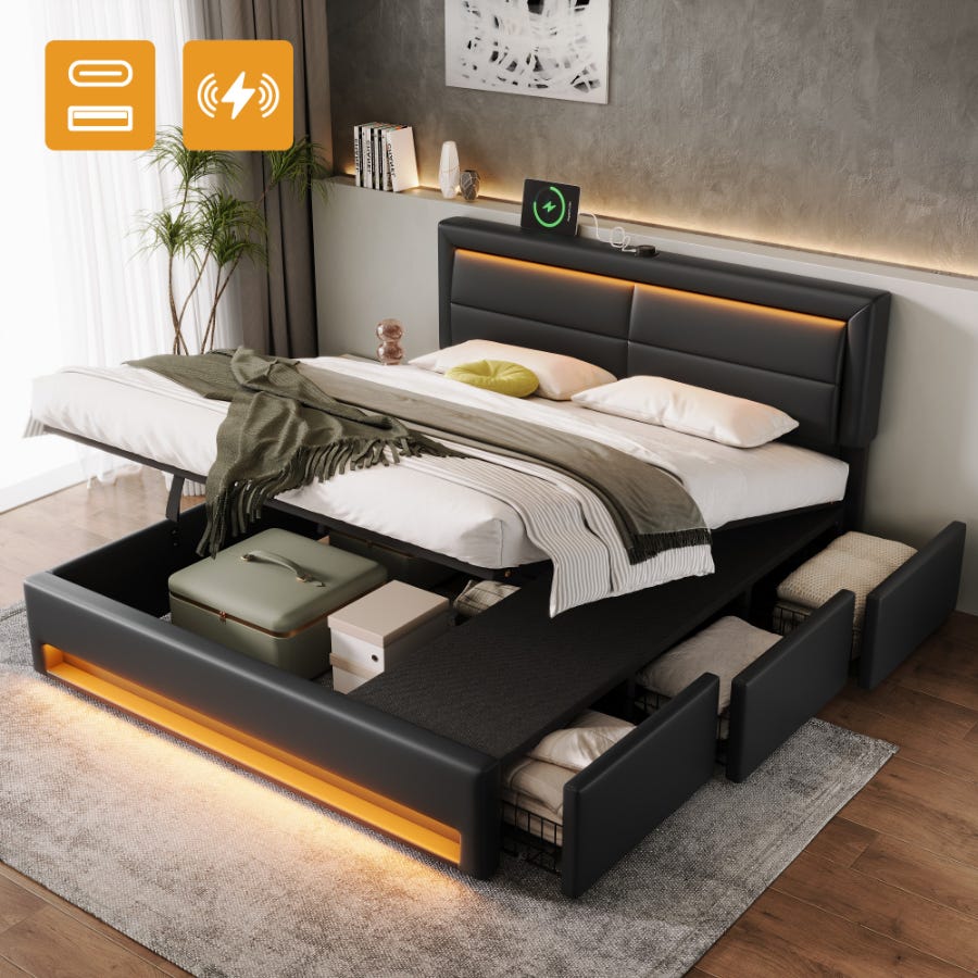 KEYIDE - Letto matrimoniale imbottito 140 x 200 cm con illuminazione LED e ricarica USB, letto a KEYIDE - Letto matrimoniale imbottito 140 x 200 cm con illuminazione LED e ricarica USB, letto a
