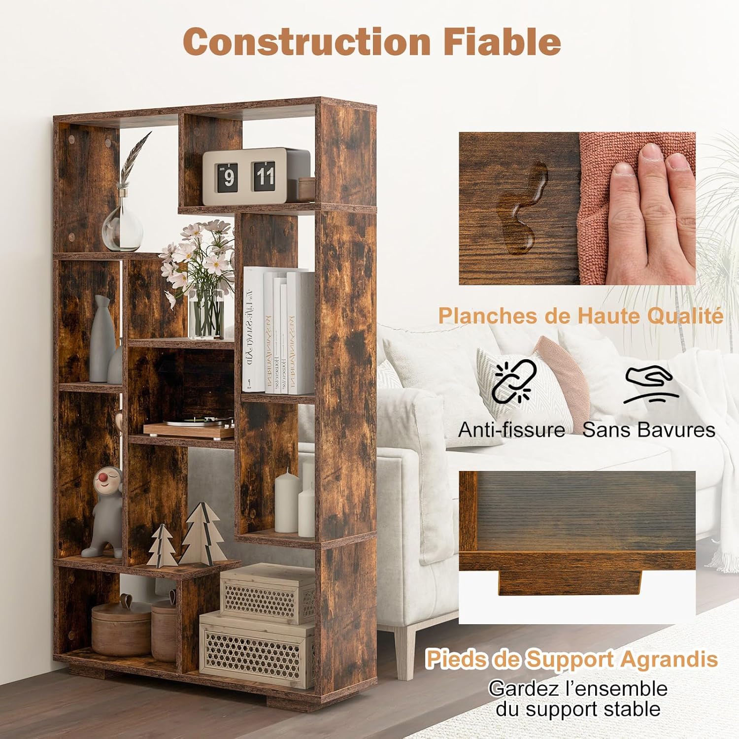 Bibliothèque Meuble de Rangement, Étagère Bureau en Bois pour Salon 70 x 20 x 120 CM, 9 Étagère Cube Ouverte, Kit Anti-basculement (Café) - 8