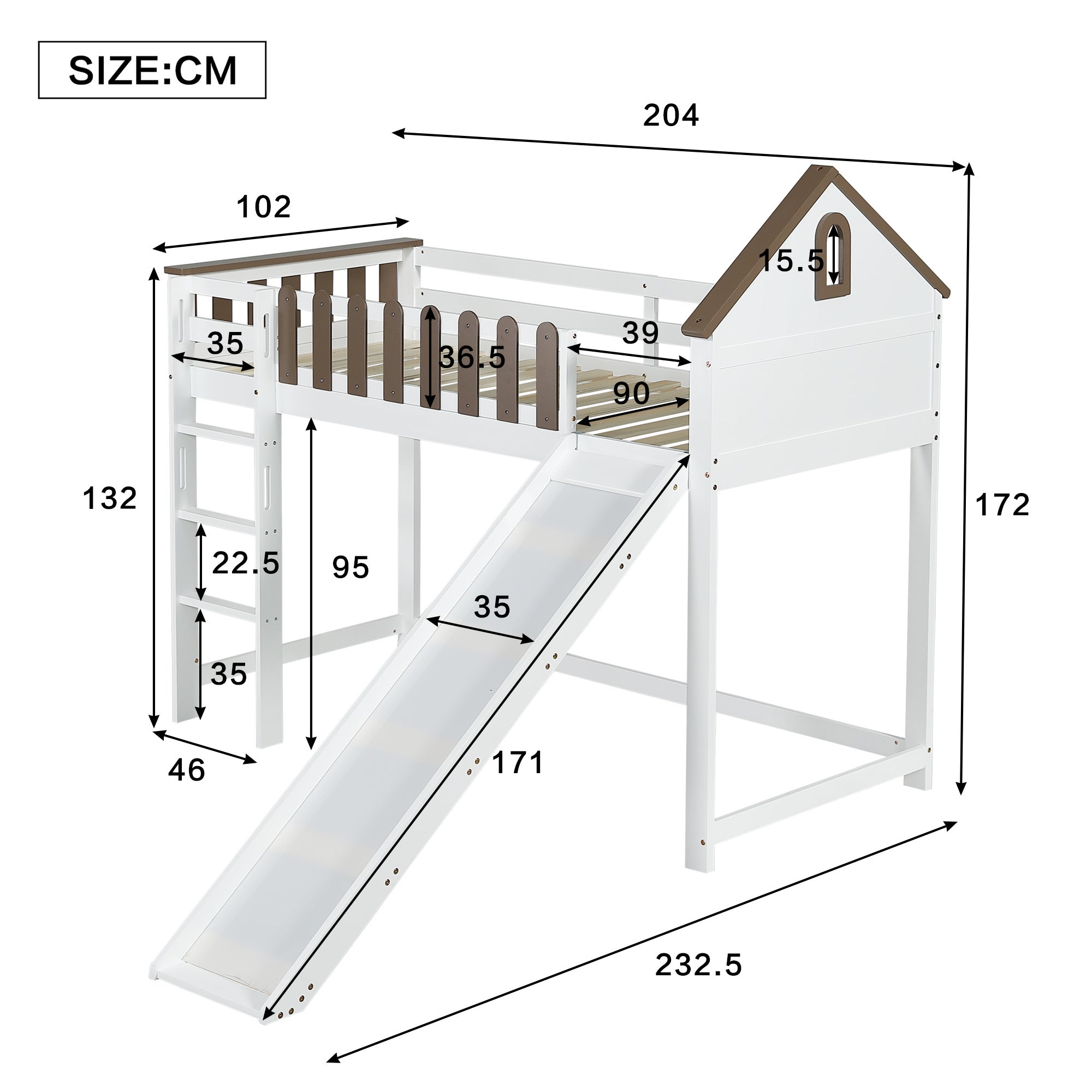 Lit mezzanine 90x200 cm avec échelle et toboggan - en bois de pin et MDF - Blanc & Marron - 5