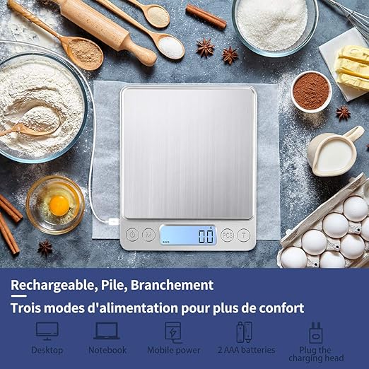 Balance De Cuisine Numérique 15 Kg - Rechargeable USB + Piles - Verre Trempé - 5 Unités (g, Kg, Lb, Ml...) - Fonction Tare