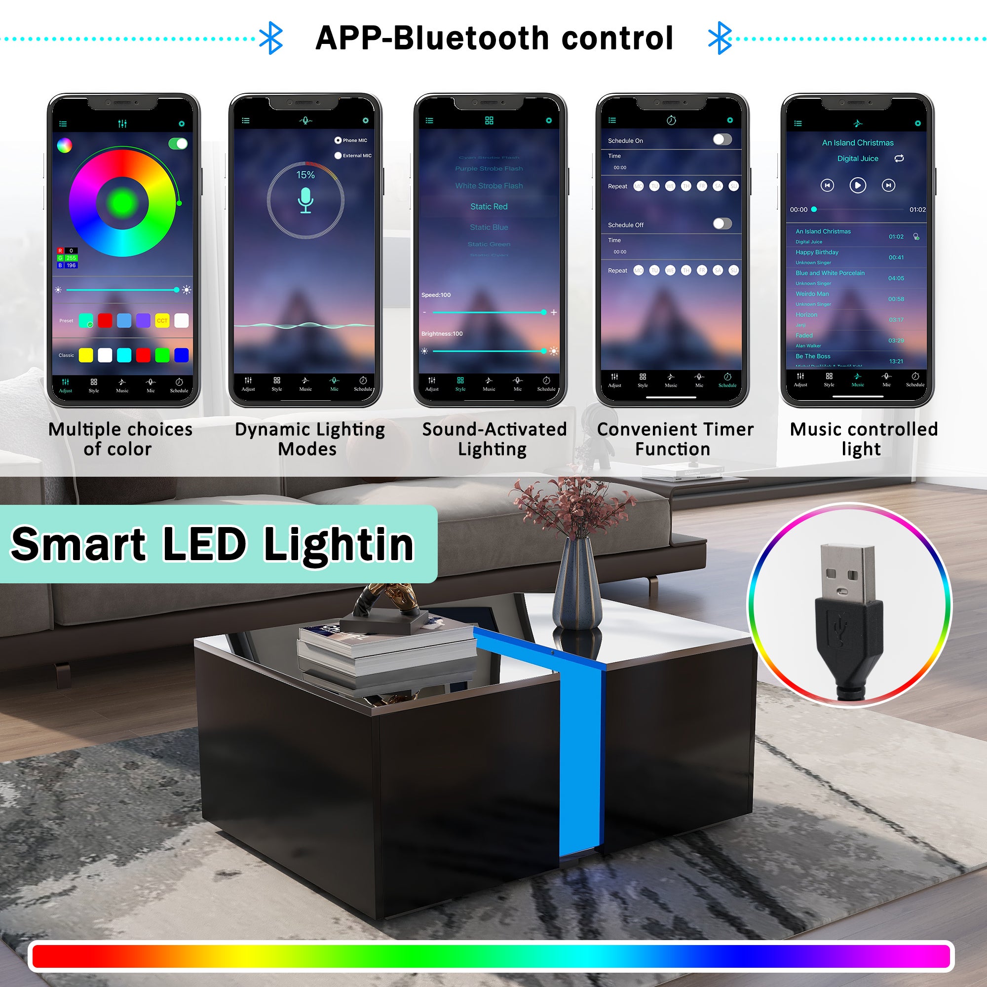 Tavolino Da Salotto LED Con App Bluetooth, Acrilico Nero, 100x50x42 Cm Con Cassetti E Scaffale