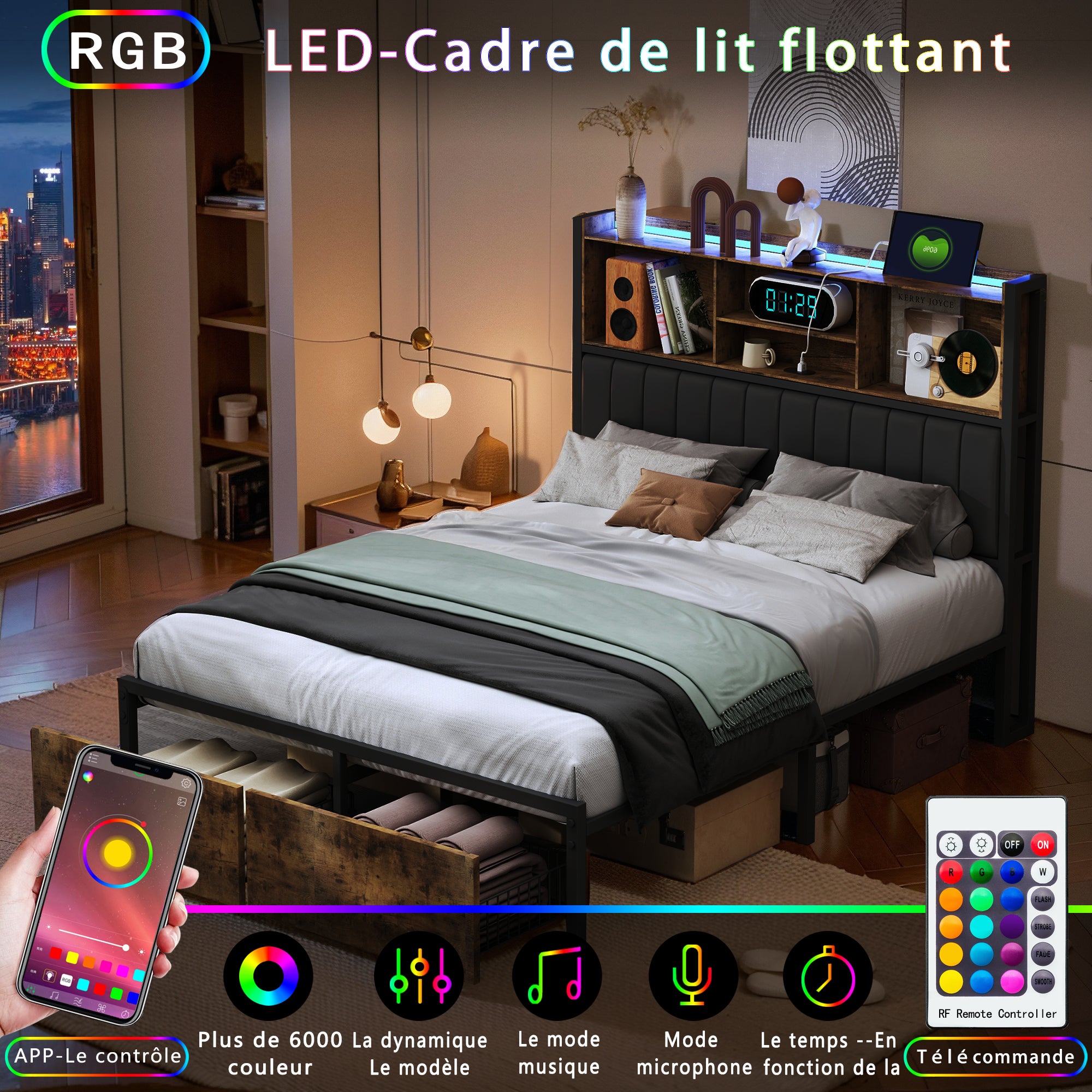 Lit double 160x200 cm avec LED, cadre métal, 2 tiroirs, tête avec rangement, sommier lattes - 5