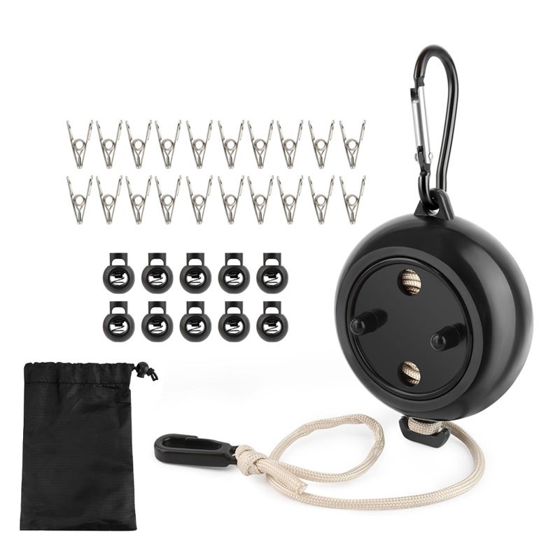 Przenośna, chowana suszarka do ubrań, 8 metrów, z 10 klamrami mocującymi, 20 wiatroszczelnymi klipsami, torba do przechowywania (czarna)
