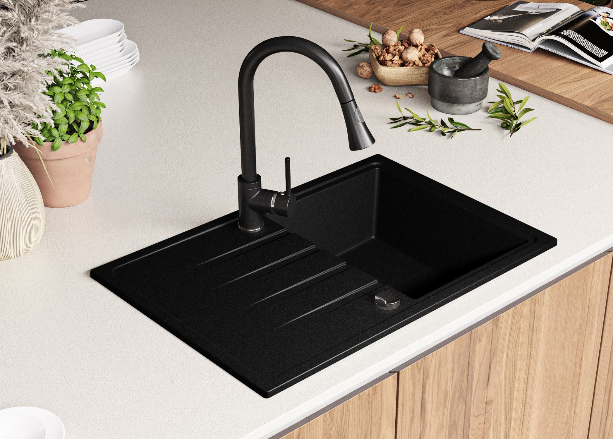 Evier Cuisine en Granit Noir 78x50cm, Lavabo 1 bac + Kit de Vidage, Évier à Encastrer au meuble 45cm - Milan PRIMAGRAN - 8