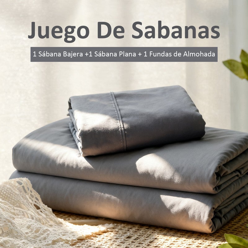 Juego de Sábanas 100% Algodón | 3 Piezas | Bajera Ajustable 30 CM | Funda Almohada Boca Abierta | Hipoalergénico, Absorbe Humedad | Gris Cama 90 - 3