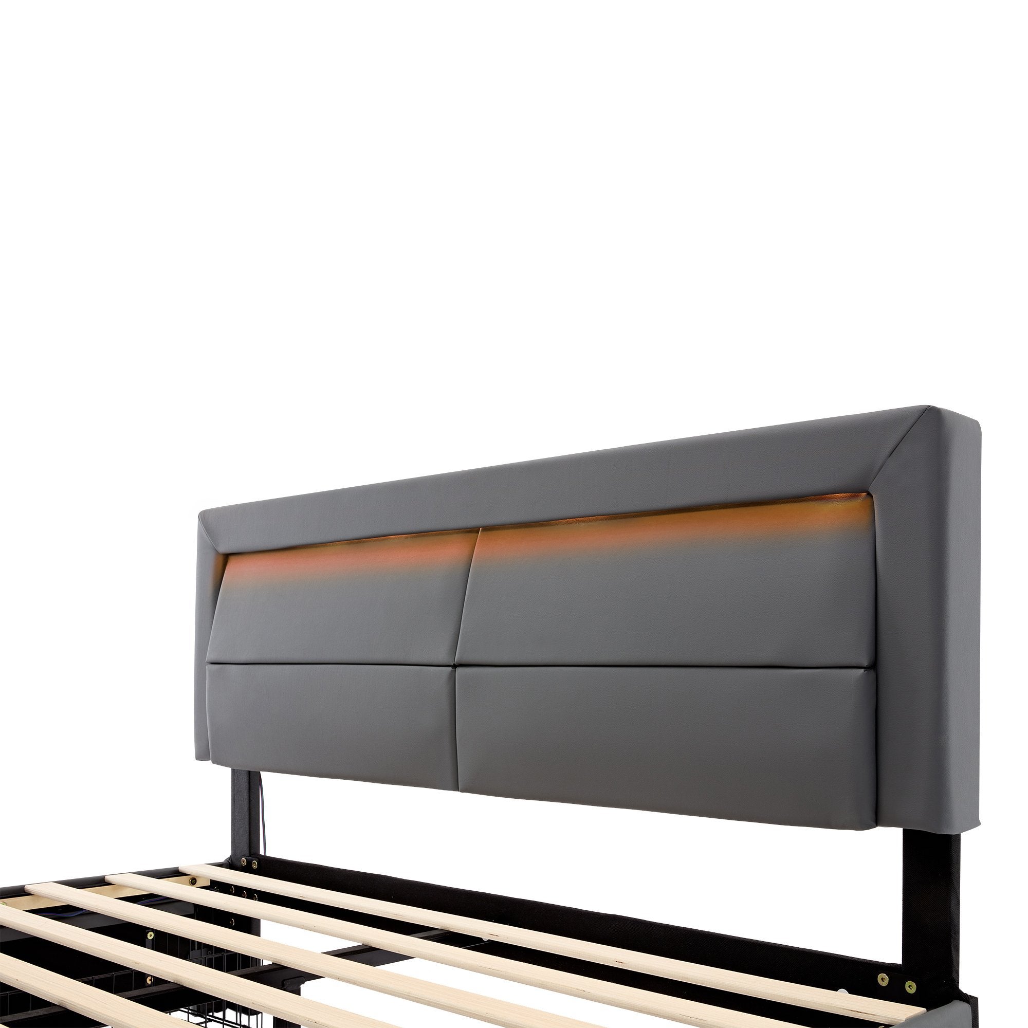 Cama estofada 160 x 200 cm com porta USB (suporta carregamento sem fios e com fios), com iluminação LED e quatro gavetas de arrumação, cinzento - 7