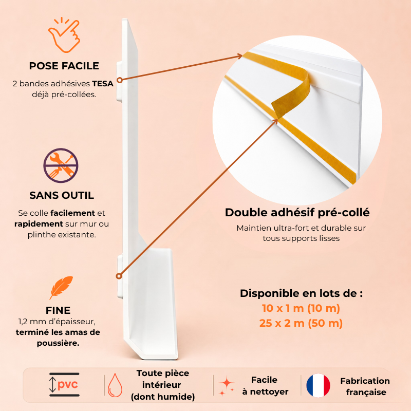 10 Plinthes PVC adhésives décoratives pour sol - 100x8 cm (10m) Teinte Dorée - Laiton Martelé - 4