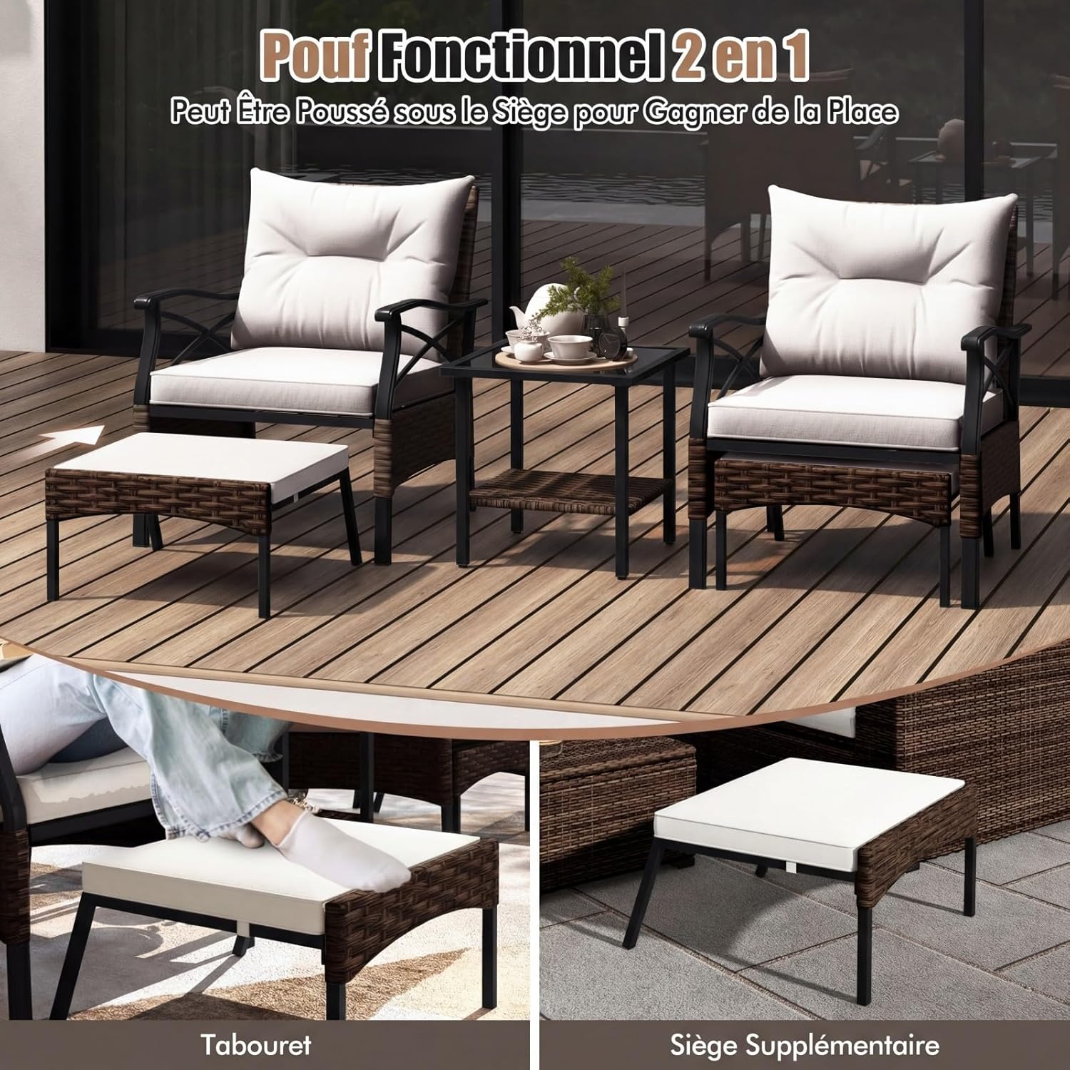 GIANTEX Conjunto Móveis Pátio 5 Peças em Rattan, 2 Cadeiras 2 Pufs e 1 Mesa Baixa Tampa Vidro Temperado Almofadas, para Pátio Quintal, Bege - 7