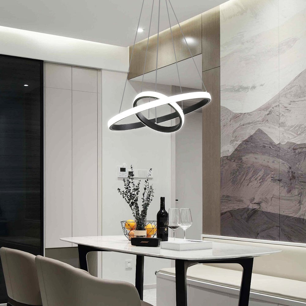 GOECO Lampadario sospeso circolare da 32W con 2 anelli regolabili, illuminazione contemporanea soggiorno Sala da pranzo - Luce bianca 6500K - Nero - 7