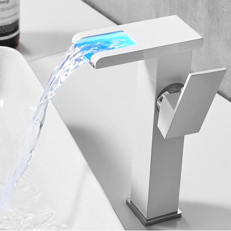 Bateria łazienkowa - ciepła i zimna woda - dioda LED zmieniająca kolor - szeroka wylewka - biała - wysokość 24 cm