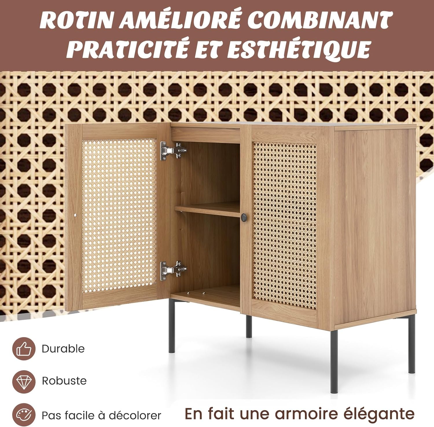 Armoire Cuisine 2 Étagères, Buffet 2 Portes Cannage, Étagère Réglable, Pieds Métal, Meuble Cuisine Rangement Bohème pour Salle à Manger, Naturel - 2