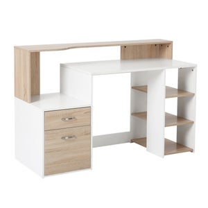 HOMCOM Scrivania Moderna per PC e Computer con 2 Cassetti e 1 Armadietto, Scrivania con Libreria Salvaspazio per Ufficio o Camera in Legno, Bianco