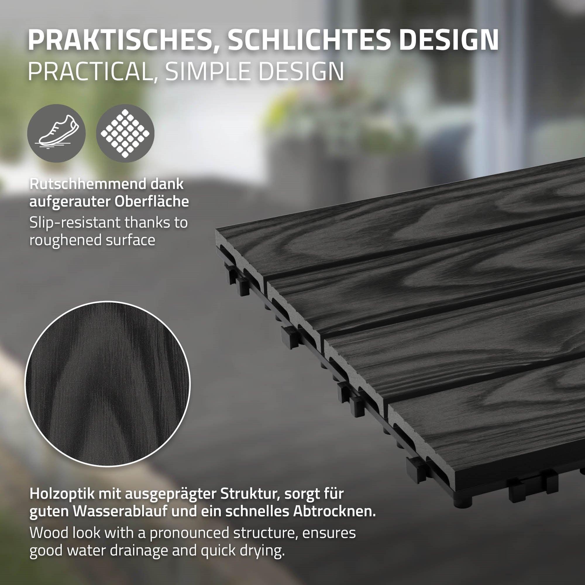 ECD Germany plytki tarasowe wpc 30x30 cm 11 sztuk 1m² kwadratowy antracyt panele podłogowe klik odpływ wodny balkon taras ogród patio weranda - 4
