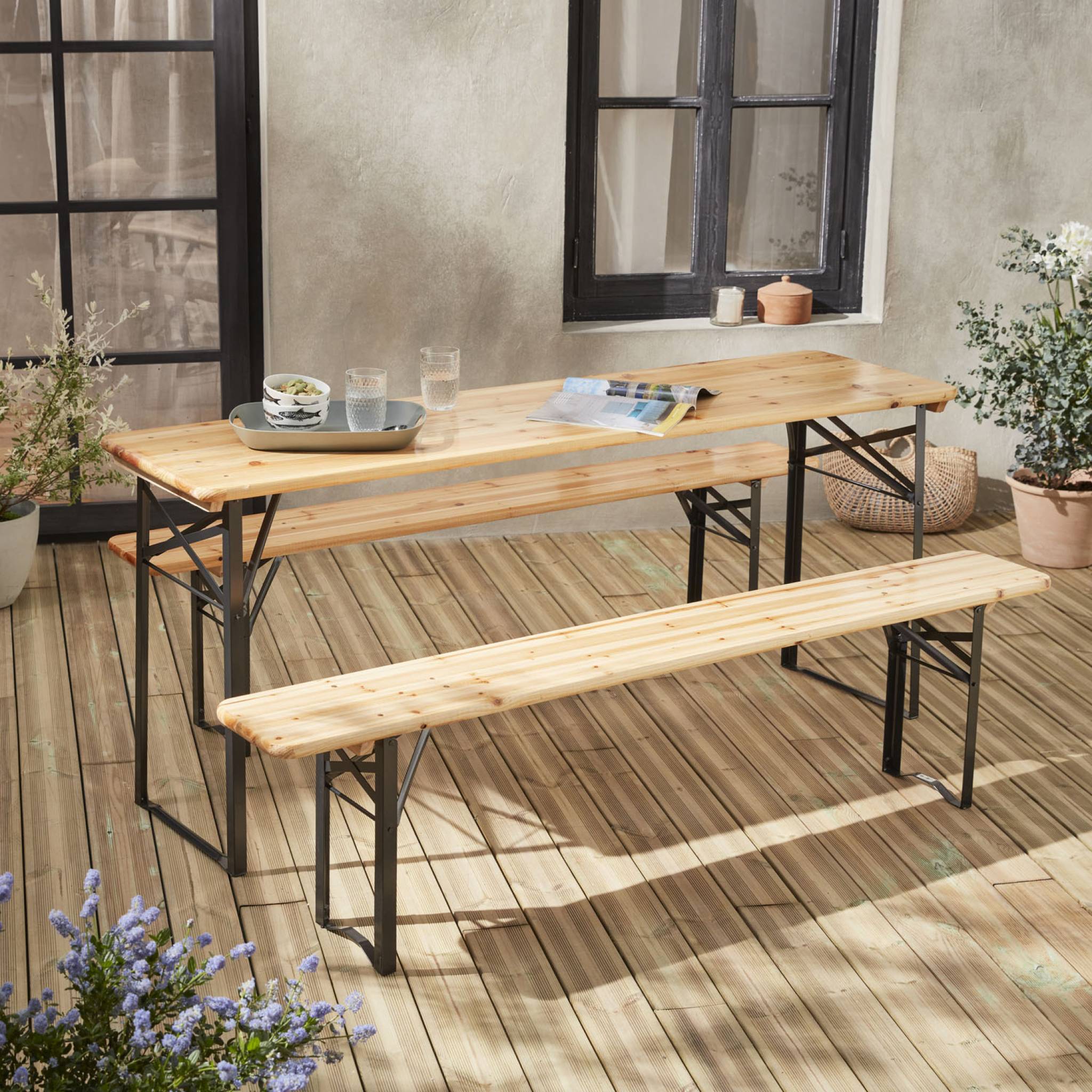 Table de jardin pliante bois de sapin + 2 bancs BAYONNE – Esprit brasserie. pliable. 6 personnes BAYONNE - 2