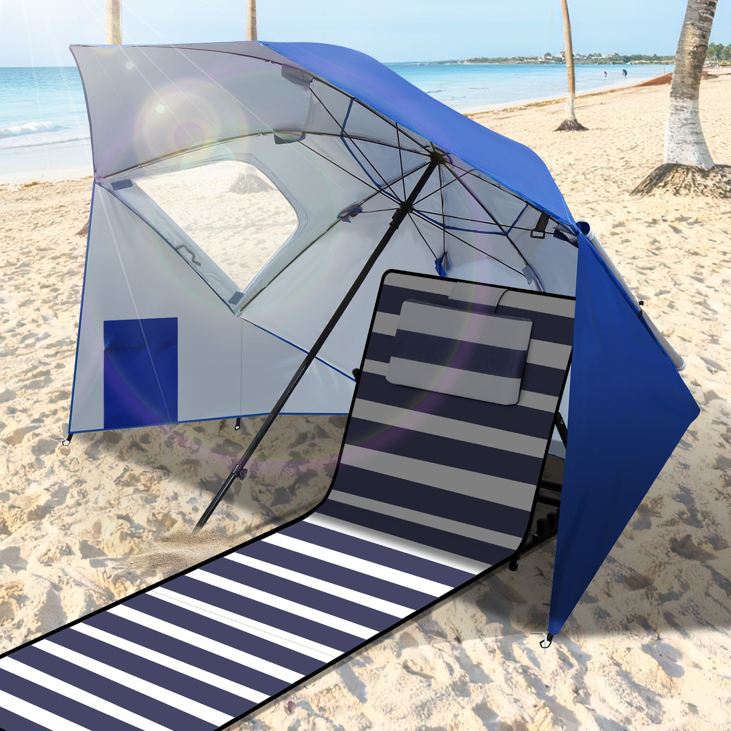 Parasol de plage bleu octogonal, L.210 x l.210 cm anti-vent protection UV 50+ avec Sac de Transport pour Patio/Piscine/Jardin - 8