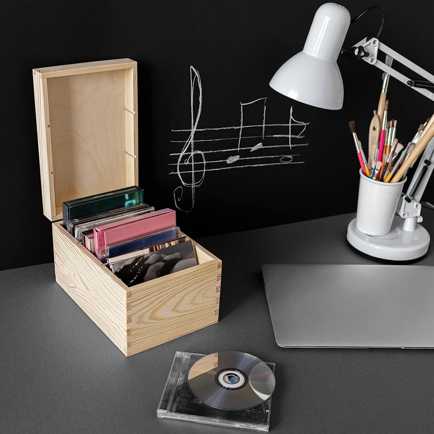 Creative Deco Boite Rangement en Bois pour CD et DVD | 16 x 24 x 14 cm | 3 Compartiments | avec Couvercle | Non-Peint| Boîte Organiseur Bureau - 3