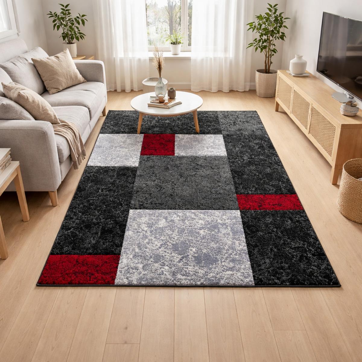 tapis grand salon 200x290 tissé rouge et gris rectangle motif géométrique - 2
