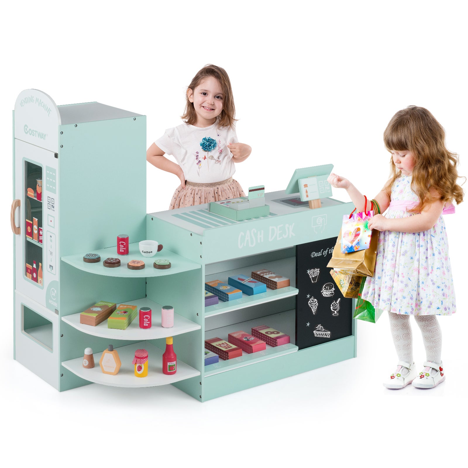 Bucătărie-magazin pentru copii din lemn, 15 accesorii și distribuitor automat, magazin pentru copii casă marcat realistă și tablă neagră, verde