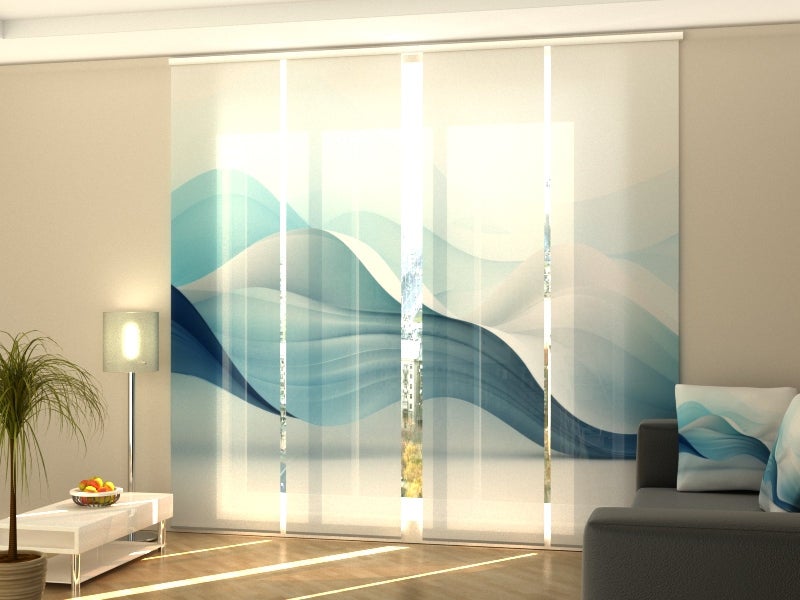 4 paneles japoneses wellmira con riel de 4 vías, 60x245 cm - río azul abstracto y montañas
