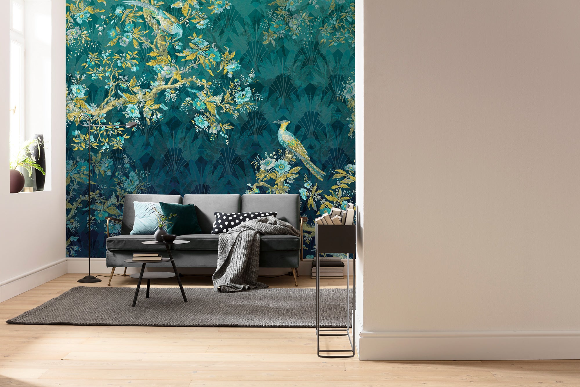 Fototapeta kwiaty i ptaki petrol blue - 350 x 260 cm - SANDERS &amp; SANDERS