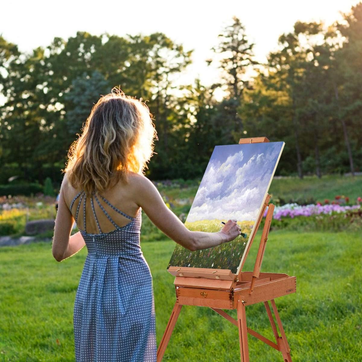 Chevalet Bois Pliable 180CM avec sangle de transport, Chevalet de Table avec Palette, Tiroir, pour Châssis jusqu'à 86 cm, pour Enfants et Adultes - 4