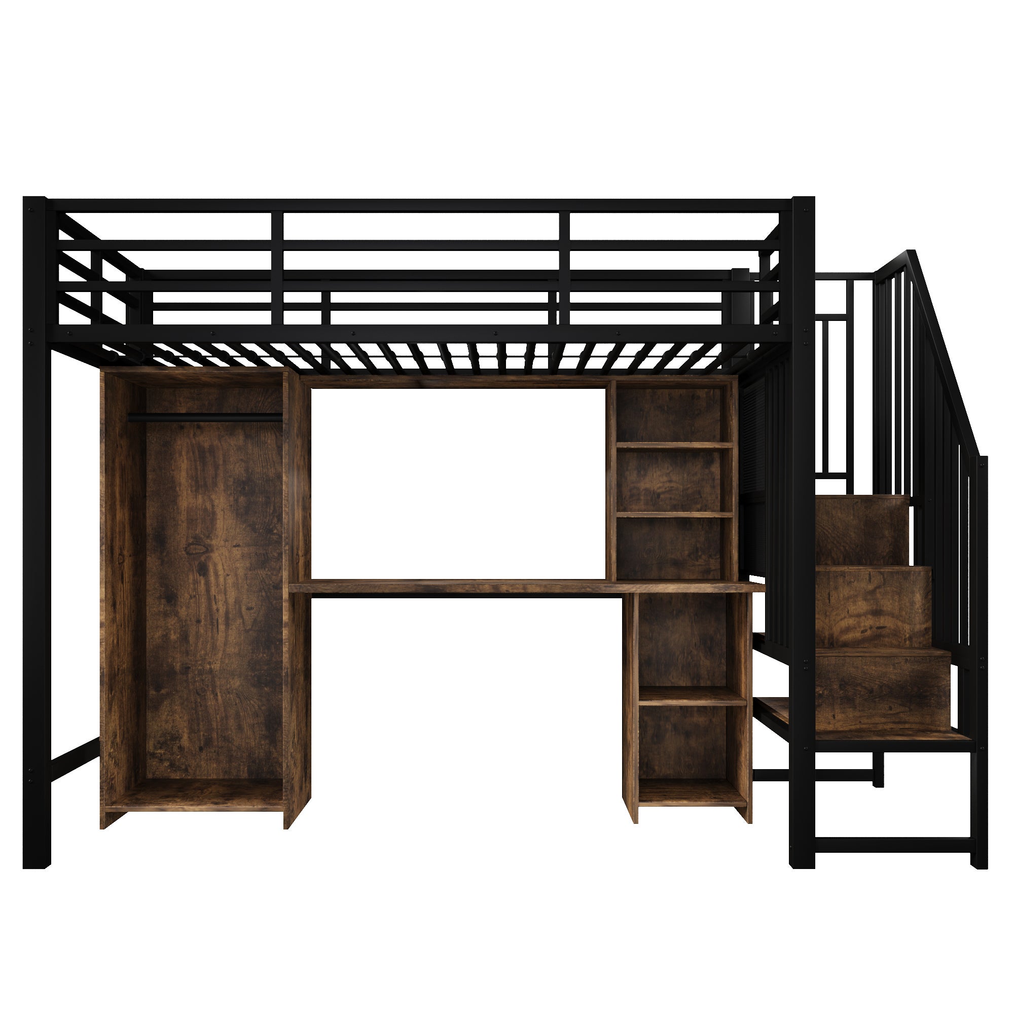 Lit mezzanine avec bureau,Lit simple 90x200 cm avec penderie et rangements,Lit mezzanine en fer,avec escalier de rangement,Noir(matelas non inclus) - 8