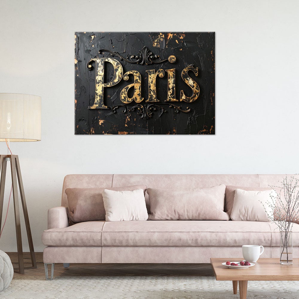 Obraz do salonu biura loftu, Napis Paryż czarno złoty imitacja farby 100x70 - 2